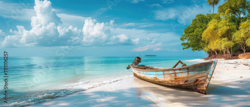 old abandoned boat on beach painted with bluish white paint in tropical beach paradise as summer landscape with white sand beach, clear blue cloudy sky, calm sea created with Generative AI Technology