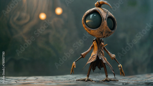 A whimsical animated character with oversized eyes and a rustic texture stands adventurously against an eerie backdrop