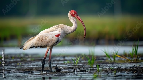 A long-legged bird wading in the mud of an open marshland, its head gracefully curved as it peeks for food.