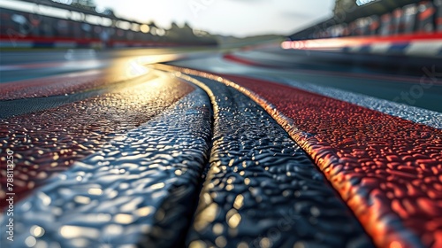 An asphalt race track, curving left, with tire marks and vibrant red and white curbstones. The background features dynamic race day elements like blurred moving race cars. Generative AI.