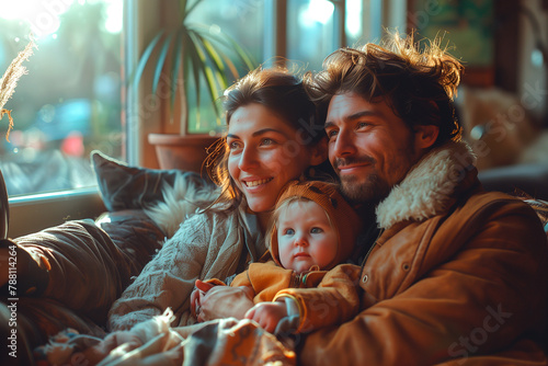 A family of three, a man, a woman and a child, are sitting together on a couch