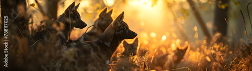 Wild dogs standing in the forest with setting sun shining. Group of wild animals in nature. Horizontal, banner.