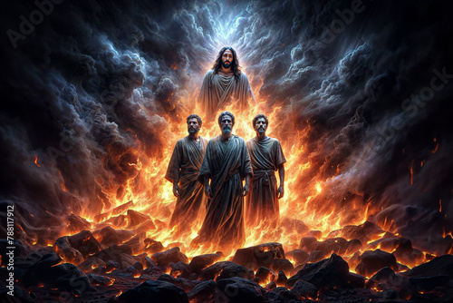 Shadrach, Meshach, and Abednego in Fiery Furnace: Biblical Scene