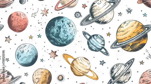 Seamless pattern with planets and other celestial bod