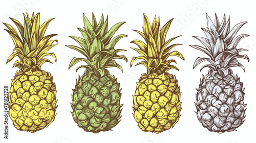 Set of Four hand drawn pineapples of different texture