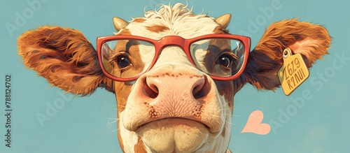 whimsical concept of an cow with colorful , funny glasses on blue background;