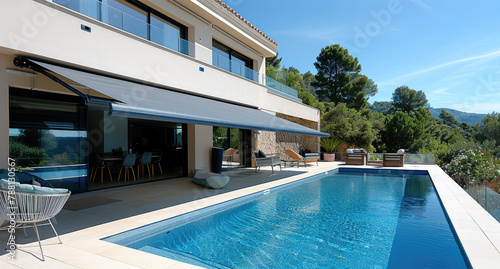 A big pool in summer from a terrace, the terrace is kept in the shade by a modern awning. Generative AI.