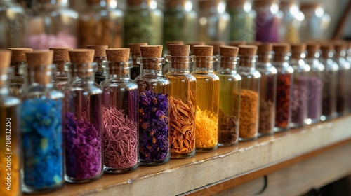 colourful glass bottles, vials with essential oil infusions. 