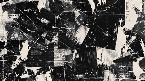 Newspaper magazine collage background texture with torn clippings in black and white