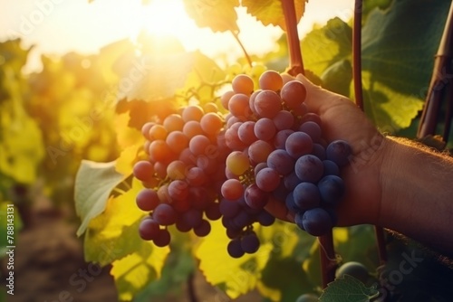 Harvesting Ripe Grapes at Sunset in Vineyard