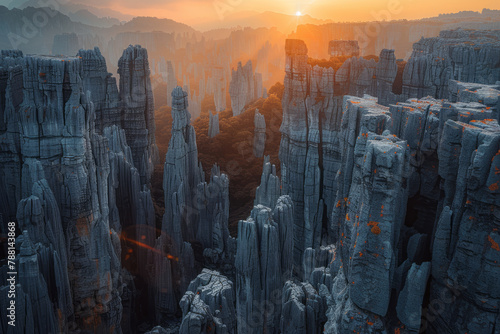 A scene depicting the towering spires of the Shilin Stone Forest at sunrise, their long shadows weav