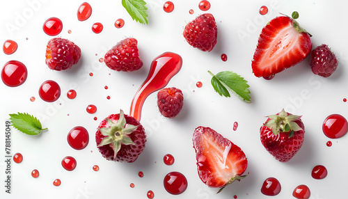 Drops of sweet strawberry jam and fresh berry on white background
