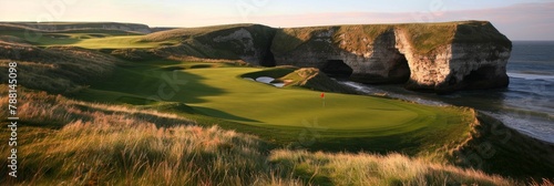 Scenic golf course on white cliffs overlooking blue sea with iconic tall rock arches