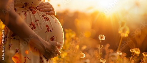 Pregnant woman in sunset hands on belly