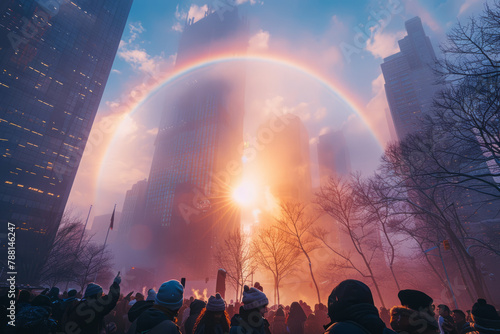 A depiction of a sun halo visible during a bustling city festival, with attendees pointing and marve
