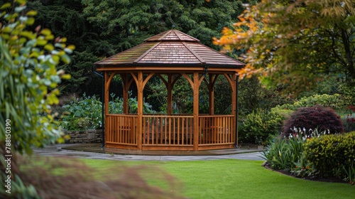 Garden gazebo with wooden architecture surrounded by lush greenery in park setting