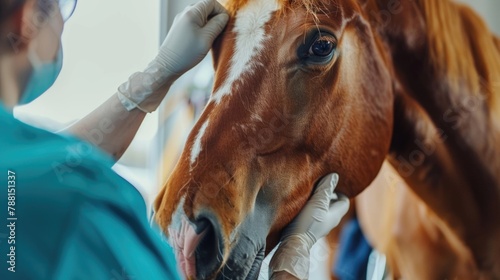 Veterinarian performing a check-up on a brown horse in a stable. Veterinary Day