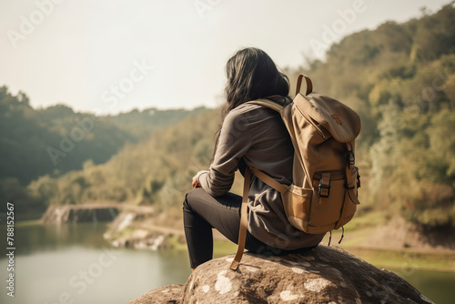 woman sits on a rock overlooking a lake with a backpack on her back. Concept of solitude and contemplation, as the woman takes in the peaceful surroundings