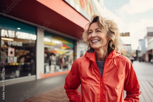 Portrait of a joyful woman in her 50s wearing a functional windbreaker isolated on vibrant shopping mall background