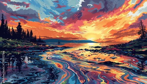 A beautiful landscape marred by an oil spill, illustrating environmental disasters and their impact, illustration, pop art style