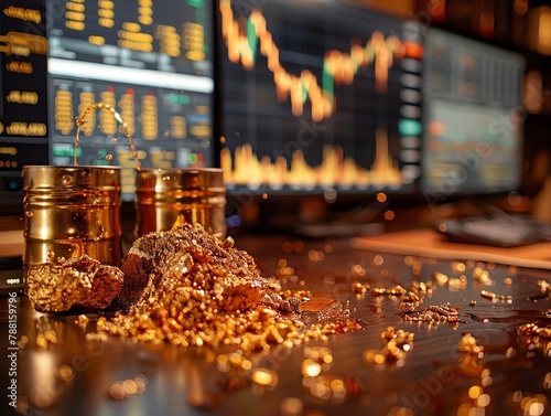 A trio display of gold nuggets, a dripping oil can, and fluctuating stock charts on monitors