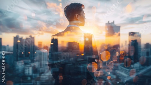 Silhouetted against the rising sun and cityscape, the businessman embodies the fusion of ambition and progress, a beacon of forward-thinking amidst the corporate landscape. 