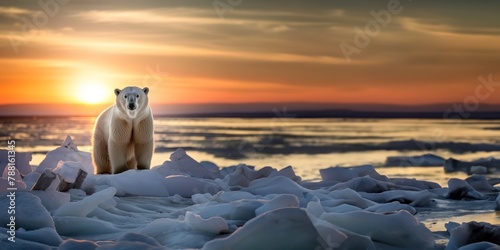 Un ours polaire debout sur la banquise au coucher du soleil, image avec espace pour texte.