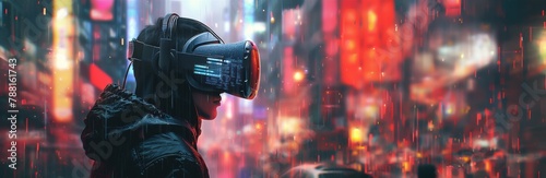 Homme portant un casque de réalité virtuelle et des lunettes de réalité augmentée, style cyberpunk, arrière-plan de ville futuriste, image avec espace pour texte.