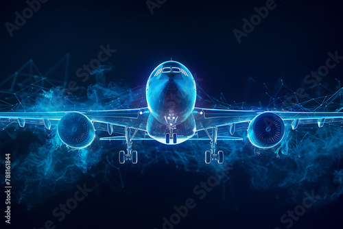 A futuristic wireframe-based visualization of an airplane against a glowing translucent background, showcasing advanced aeronautic design and cutting-edge technology in digital art.