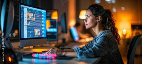 Mid thirties woman creating digital social media content on office desktop computer