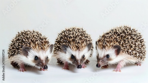 Three pygmy hedgehogs on white background.