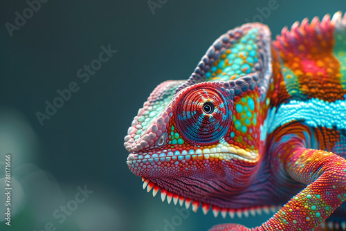 close-up of a colorful chameleon lizard on a pale green empty background with space for text or inscriptions. Colorful chameleon close up 
