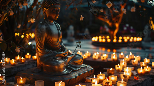 Vesak. Buddha sits around a large number of candles made by people with their own hands