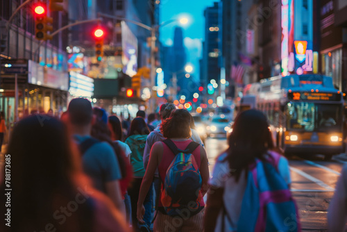 Tourists on a guided night tour admiring the vibrant streets and neon lights of a bustling city