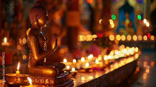 Vesak. Buddha sits around a large number of candles made by people with their own hands