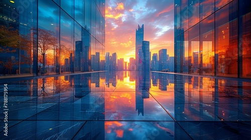 An urban reflection pool mirroring the surrounding skyscrapers. AI generate illustration