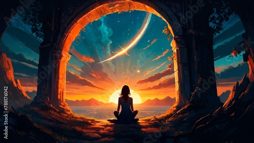 Silhouette of a beautiful meditating woman person sitting in lotus pose watching sunrise sunset surrounded by surreal clouds and mountains view. Colorful spiritual conciousness illustration concept.