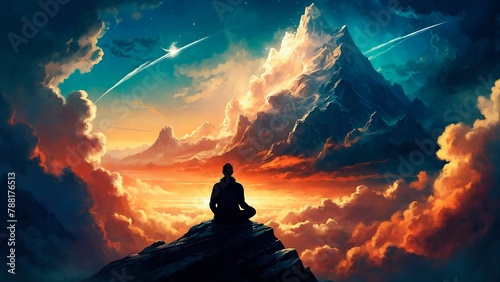 Silhouette of a meditating man person sitting on the top of a mountain in lotus pose surrounded by surreal clouds and mountains view. Colorful spiritual conciousness illustration concept.