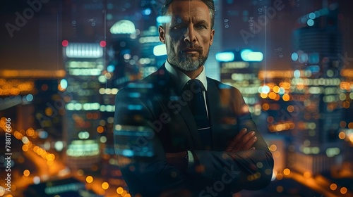 In the heart of the city's nocturnal pulse, a poised businessman stands, arms crossed, his silhouette a testament to leadership and dominance in the dynamic realm of urban business. 