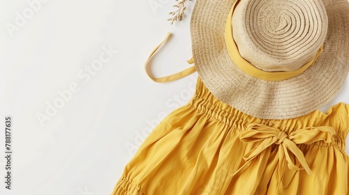 A spring or summer collection display featuring a straw hat and a yellow summer dress on a white background, emphasizing casual women's fashion and accessories