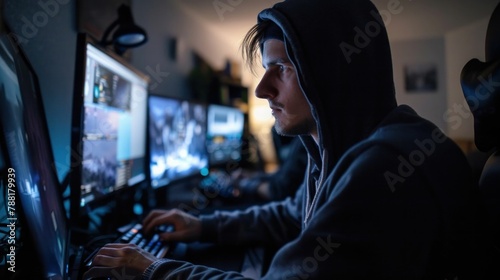 Young man in hoodie working late on computer in dark room with glowing screen at night time