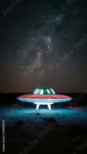 Realistic photo of a UFO, a flying saucer flies in the sky and dramatically illuminates the ground, platform