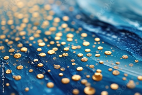 water background texture rain abstract surface liquid drop blue dew macro wet closeup pattern, golden and blue metallic balloons copy space for text