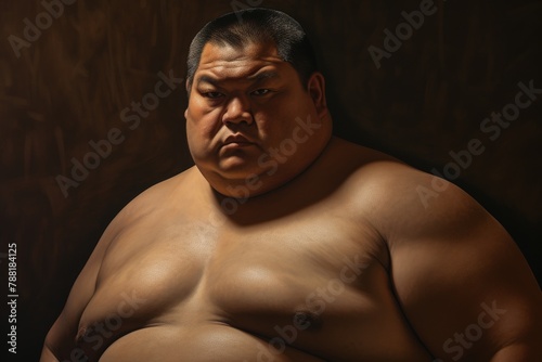 Portrait of a stern sumo wrestler standing on a dark background