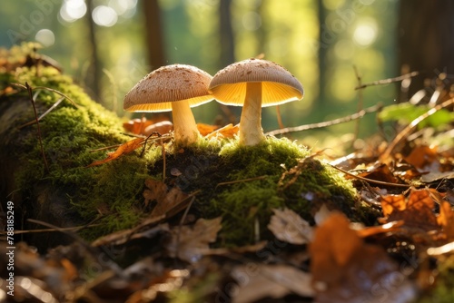 Two fly agarics in the forest on a sunny day, close-up