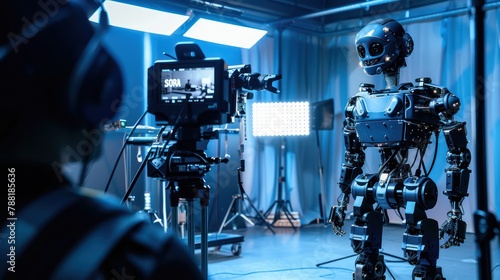 Humanoid robot filmmaker demonstrating Sora technology. The robot is recording a video in the studio. 