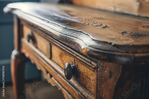 Close-up of a wooden antique dresser with intricate details.