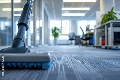 Close-up view of a vacuum cleaner on the office carpet, highlighting everyday cleanliness.