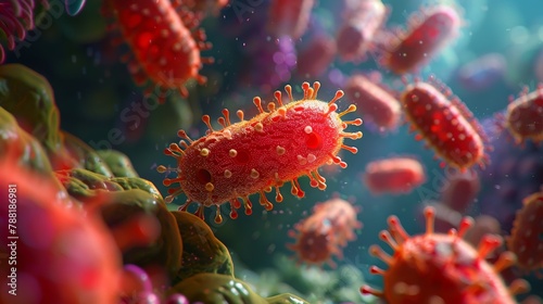 A mesmerizing depiction of typhoid red bacteria in vivid 3D, featuring a character entranced by its vivid colors and striking realism , high detailed