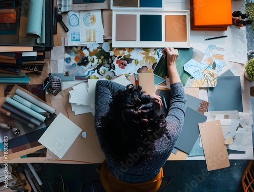 Overhead photo of woman interior designer working with material palette at her office.